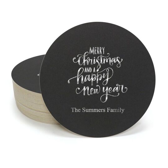 Hand Lettered Merry Christmas and Happy New Year Round Coasters
